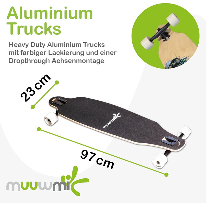Лонгборд Muuwmi Beach Deluxe 97 см 9-шаровий клен ABEC-7 PU колеса 65x51 мм 78A top mount cruiser пляжний дизайн повний компліт для новачків карвінгу оригінал Німеччина 2025