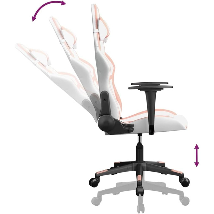 Геймерське крісло, біло-рожева штучна шкіра, обертове, регульоване, ергономічне для комфорту в офісі та під час гри, без підставки для ніг, біло-рожеве