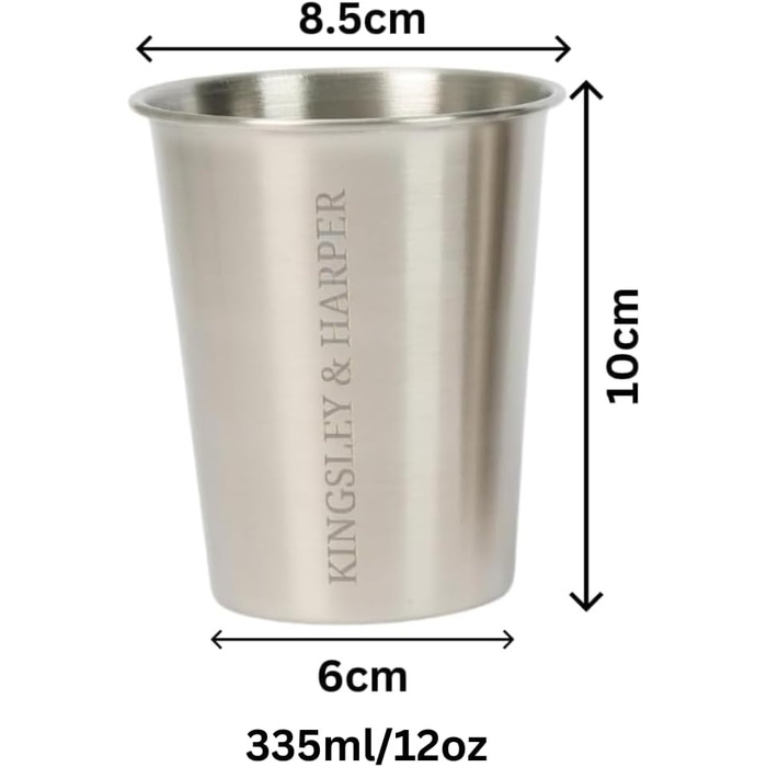 Стаканчики Kingsley & Harper з нержавіючої сталі, 335 мл (набір з 4 шт.) високоякісні, безпечні для харчових продуктів, стійкі до іржі, ударостійкі, багаторазові, екологічно чисті металеві стаканчики марки 304 для дітей, дорослих, кемпінгу, подорожей та.