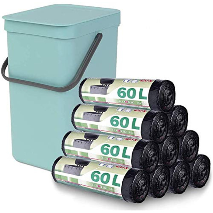 Мішки для сміття об&39ємом 60 л, 200 шт. , зі шнурком, надзвичайно міцні, з ручкою, стійкі до розривів та протікання, чорні, 64 x 71 см, 10 рулонів (200 мішків)