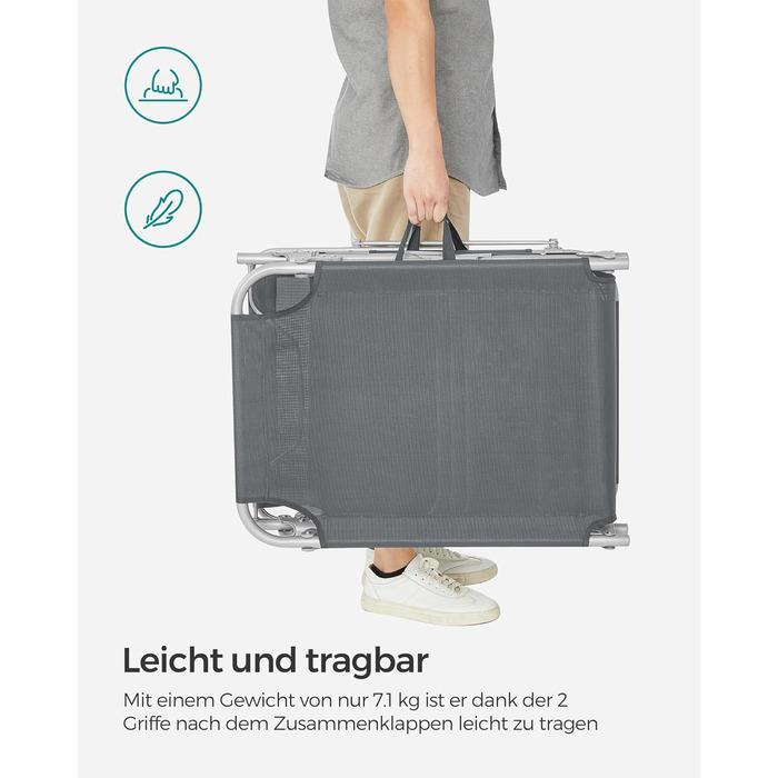 Шезлонг SONGMICS, розкладний крісло-реклайнер, 193 x 53 x 29 см, витримує до 150 кг, сонцезахисний козирок, підголівник, регульована спинка, для саду, басейну, патіо, темно-сірий GCB19UV1 темно-сіра подушка не входить до комплекту