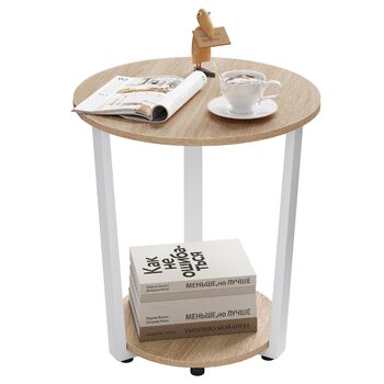 Круглий журнальний столик WOLTU, сучасний журнальний столик, невеликий столик для вітальні, диванний столик з 2 полицями, столик для вітальні для дивана, тумбочка, з місцем для зберігання, виготовлений з інженерної деревини, світлий дуб, BTS13hei