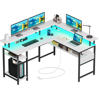 Г-подібний ігровий стіл Rolanstar зі світлодіодним освітленням та розетками, ігровий стіл з підставкою для монітора та місцем для зберігання, кутовий стіл з 2 гачками, великий двосторонній комп&39ютерний стіл для офісу (білий, 137 x 108 см) Білий 137 x 10