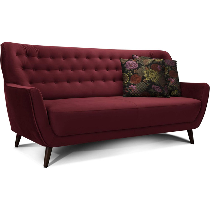 Місний диван Abby / Ретро-диван під оксамит з ґудзиками / 183 x 89 x 88 / Під оксамит, колір Riviera Red 3-місний, 3-