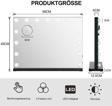 Дзеркало для макіяжу eklipt з підсвічуванням 58x45см, 15 світлодіодів з регулюванням яскравості, велике голлівудське дзеркало з підсвічуванням, 3 колірні температури світла, сенсорне управління настільне або настінне кріплення 15led, 58x12x45см, чорне