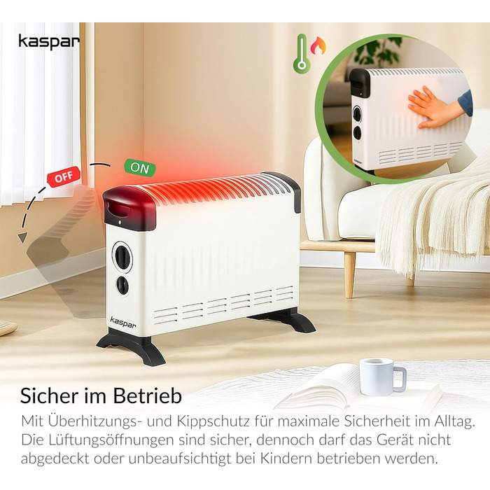 Конвекторний радіатор KASPAR з термостатом та 3 режимами нагріву, електричний обігрівач потужністю 750/1250/2000 Вт, білий