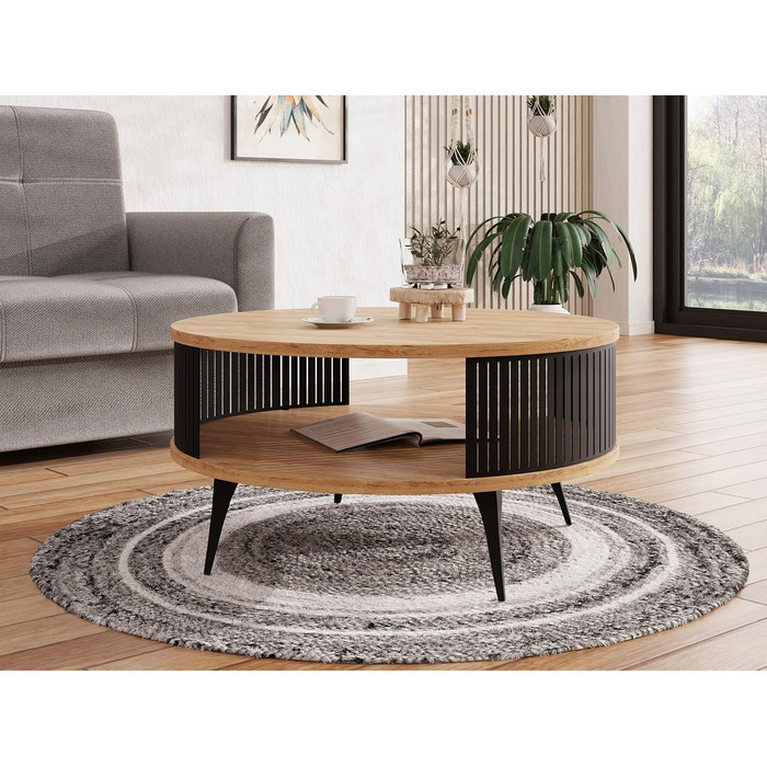 Журнальний столик з полицею, кругла форма, металеві ніжки, журнальний столик, столики для вітальні, приставний столик, столик для дивана, чайний столик (дуб Craft Gold, чорний) Чорний дуб Craft Gold, 24 Rajkon