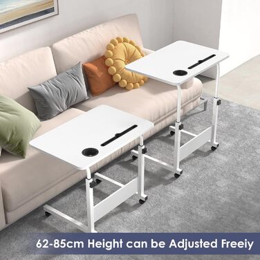 Стіл для ноутбука з регульованою висотою, бічний столик з колесами та слотами для карток, мобільний стіл/комп&39ютерний стіл для дивана, ліжка, кушетки, офісу (білий, 60x40 см) 60x40 см З 2 слотами для карток Білий