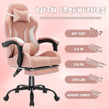Геймерське крісло з підставкою для ніг, ергономічне з підголівником та поперековою опорою - офісне крісло з високоякісної технічної тканини та вантажопідйомністю 130 кг для кіберспорту/домашнього офісу/ігор (дорослі/підлітки/діти) Рожевий.
