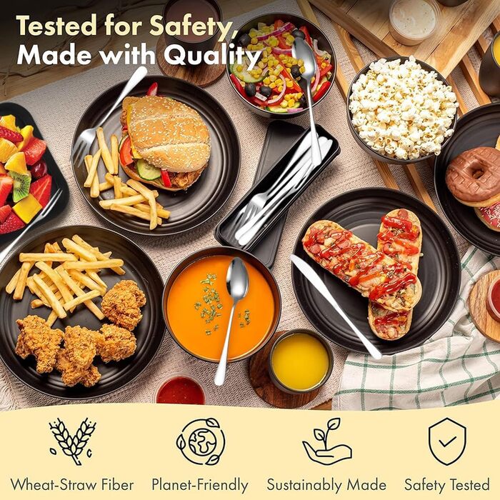 Набір посуду для кемпінгу з нержавіючою сталлю, міцний пластиковий посуд, легкий, яскравий та багаторазовий для пікніків, барбекю та саду, придатний для миття в посудомийній машині, чорний