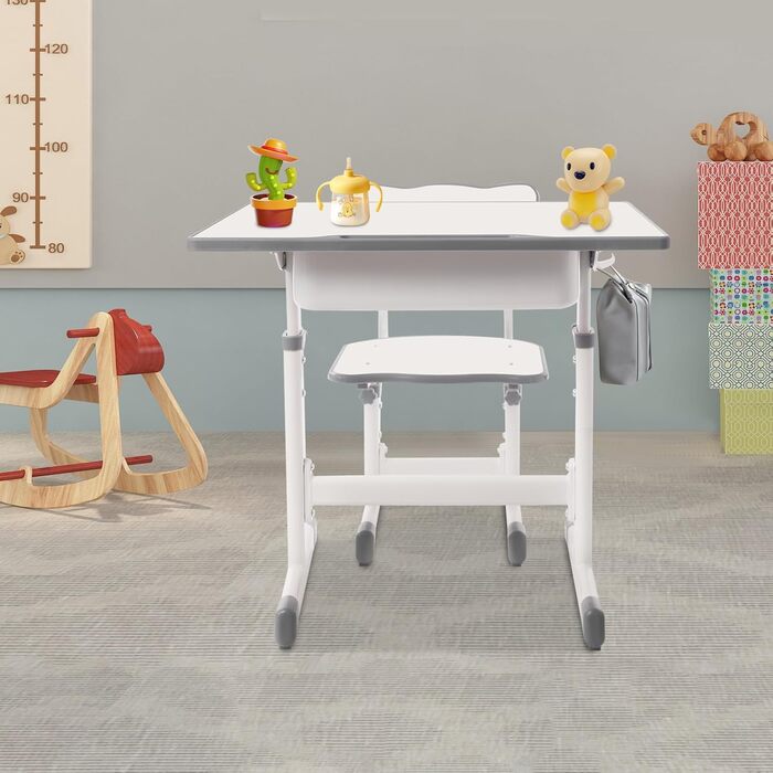 Дитячий письмовий набір, дитячий стіл з регульованою висотою (стіл 64-76 см, стілець 36-42 см), стіл з гачками, шухлядою та лотком для ручок для дітей віком 3-18 років, навчання письму та малюванню (кремово-білий)