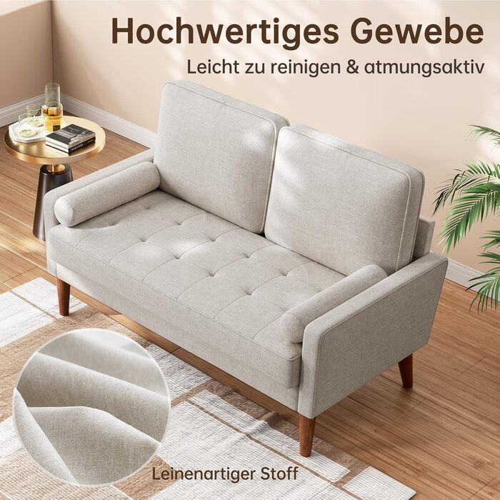 Місний диван Vesgantti, 121 см, сучасний попелясто-бежевий диван з 2 декоративними подушками, невеликий тканинний диван з підлокітниками, подушки сидіння на ґудзиках, гостьовий диван для вітальні/квартири/офісу, лляний попелясто-бежевий, 2-