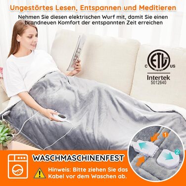 Електрична ковдра Mia&Coco з автоматичним вимкненням, 160x130 см, 10 налаштувань нагріву, 9-годинний таймер автоматичного вимкнення, захист від перегріву, можна прати в пральній машині, фланелева електрична ковдра для ліжка, дивана та вітальні, сіра, 130x