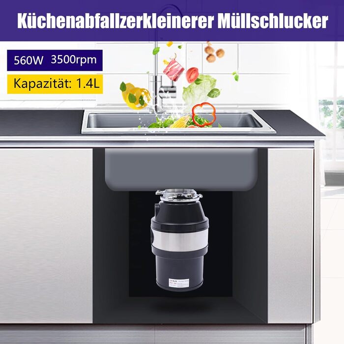 Подрібнювач кухонних відходів HINOPY, подрібнювач кухонних відходів потужністю 370 Вт 1/2 к.с. Подрібнювач відходів з жолобом для сміття 3500 об/хв для посудомийної машини, кухня