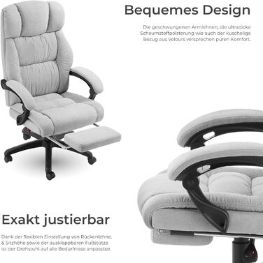 Ергономічне офісне крісло tectake, велюрове поворотне крісло, офісне крісло з підставкою для ніг, крісло керівника, письмове крісло, крісло, ігрове крісло, ергономічне офісне крісло, ігрове крісло - сірий колір