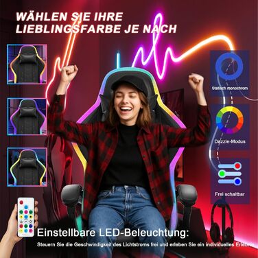 Ігрове крісло JUMMICO зі світлодіодним освітленням, круте гоночне ігрове крісло, ергономічне офісне крісло з функцією масажу, регульована спинка 90-135, з телескопічною підставкою для ніг, ігрове крісло вантажопідйомністю 150 кг, чорне