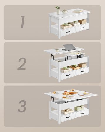 Журнальний столик VASAGLE, стіл для вітальні з регульованою висотою, газовий балон, 2 шухляди та 3 відділення під стільницею, журнальний столик, 1 відкрите відділення, для вітальні, домашнього офісу, білосніжний LCT254W02