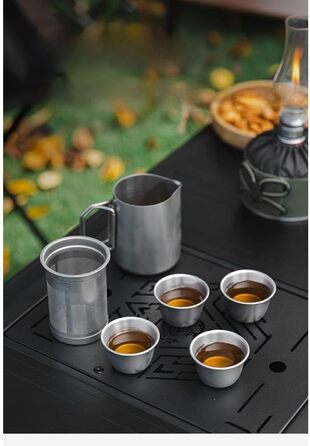 Чайний сервіз з нержавіючої сталі 304 для подорожей та кемпінгу на 4 особи, з фільтром та герметичним носиком, включає чайник та 4 чашки