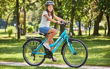 Велосипед 26 дюймів, 21-швидкісна коробка передач Shimano з ліхтарями, що відповідає німецьким правилам дорожнього руху (STVO), бірюзовий колір, подвійна рама