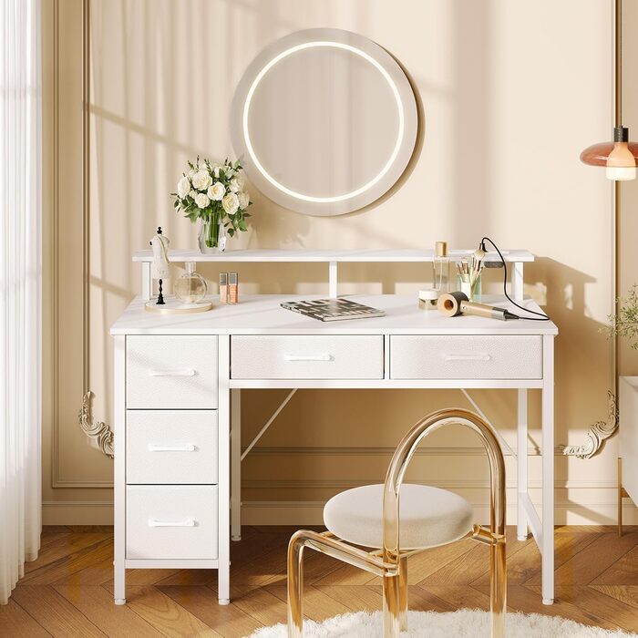 Письмовий стіл Rolanstar з 5 шухлядами, комп&39ютерний стіл з розетками, ігровий стіл зі світлодіодним освітленням, підставка для монітора, для домашнього офісу, спальні, вітальні, офісу (білий, 100) Білий 100