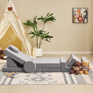 Дитячий диван LALAHO, ігровий диван для дітей, виготовлений з вельвету, складні пінопластові будівельні блоки, дитячий диван та дитяче крісло, універсальний та вільно складаний своїми руками, для дитячої ігрової кімнати, меблі для спальні (сірий)