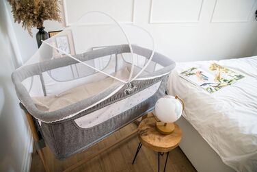 Дитяче ліжечко Momi SMART Bed 4-в-1 до 15 кг, приліжкове ліжечко для немовлят з матрацом, регульована висота, сірого кольору, одномісне