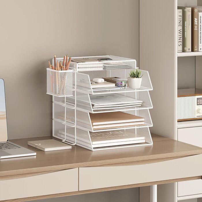 Штабельований лоток для листів, настільний органайзер з 4 тримачами для файлів та 1 тримачем для ручок, для документів A4, металевий офісний органайзер, настільний лоток для офісного документообігу, поштові лотки (білий)