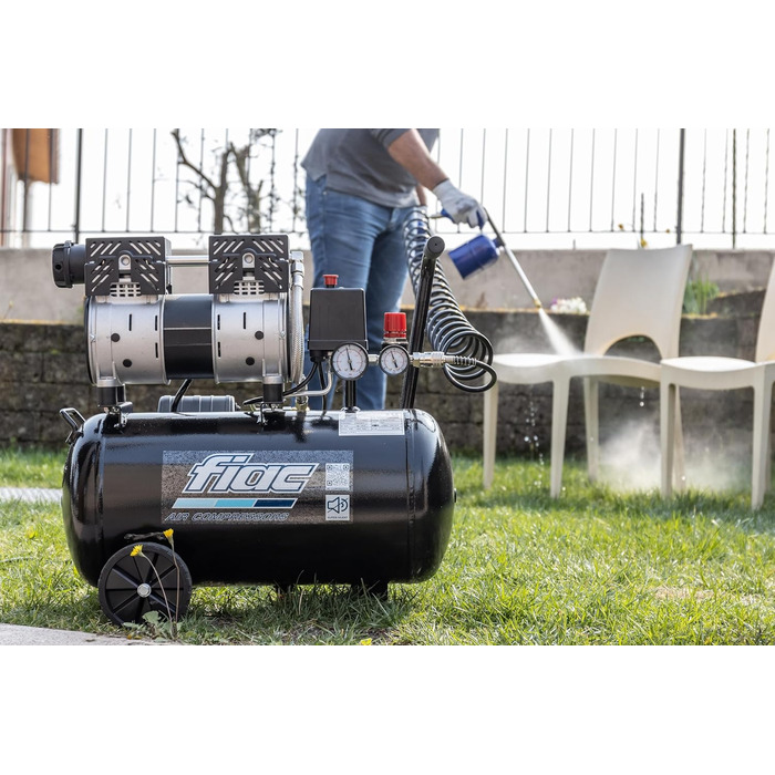 Малошумний мобільний повітряний компресор FIAC SUPERSILENT 24, безмасляний, максимальний тиск 8 бар, 1 к.с., 24-літровий бак, ріве