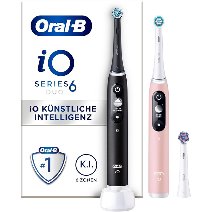 Електрична зубна щітка/електрична зубна щітка Oral-B iO Series 6, подвійна упаковка та 3 щітки, 5 режимів чищення для догляду за зубами, магнітна технологія, дисплей, дизайн Braun, чорна лава/рожевий пісок