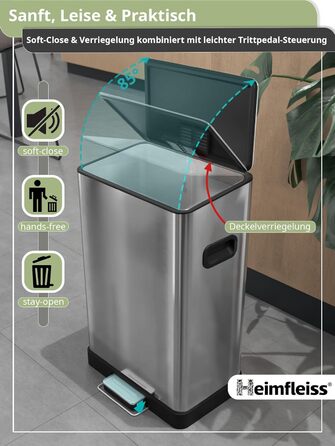 Відро для сміття Heimfleiss 50 л Педальне відро для сміття Дизайнерське прямокутне відро з нержавіючої сталі Сучасне відро для смі