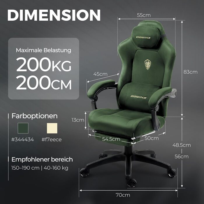 Ергономічне ігрове крісло Dowinx з масажною поперековою подушкою, регульованим по висоті підголівником, потовщеною подушкою сидіння, висувною підставкою для ніг, регульованими підлокітниками, велюр з мікрофібри, кут нахилу 155, зелене