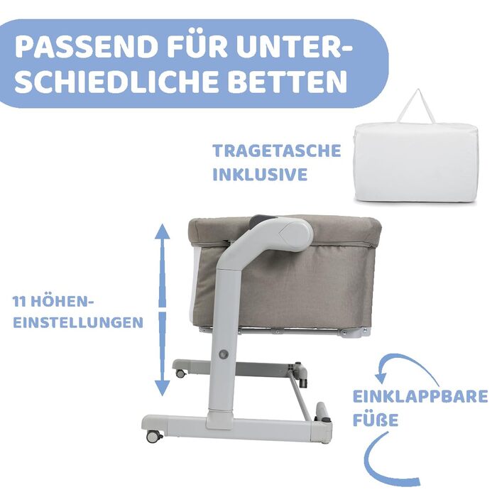 Приліжкове ліжечко для немовлят, з режимом гойдання, функцією нахилу, відкидною бічною панеллю, регульованою висотою, 4 колеса, включаючи матрац та дорожню сумку, бежевий Magic Evo Beige, 2Me Magic Evo