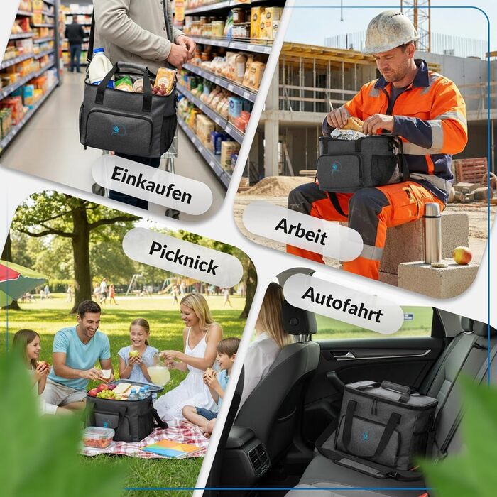 Сумка-холодильник 20 л та 30 л (складана) зберігає прохолоду 10-12 годин - ізольована сумка для покупок та ланчу з відкривачкою для пляшок та герметичним матеріалом PEVA для роботи, офісу, пікніка, шопінгу та будівництва, 20 літрів, чорна