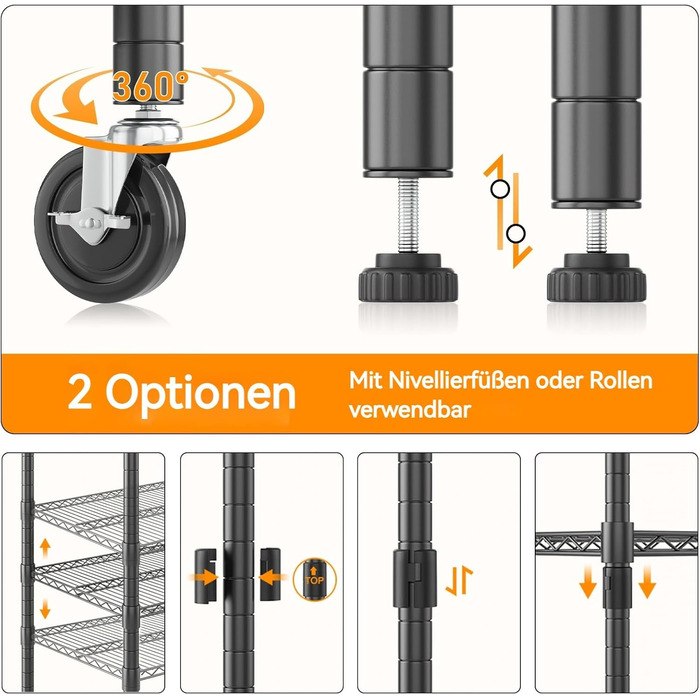 Рівнева дротяна полиця Himimi з колесами та ніжками, регульована по висоті, металева полиця для зберігання для кухні, ванної кімнати, спальні, вітальні, вантажопідйомність 500 кг, 90 * 45 * 183 см, чорна, 4-