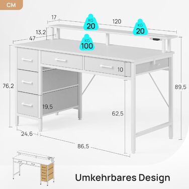 Письмовий стіл Rolanstar з 5 шухлядами, комп&39ютерний стіл з розетками, ігровий стіл зі світлодіодним освітленням, підставка для монітора, для домашнього офісу, спальні, вітальні, офісу (білий, 120 см)