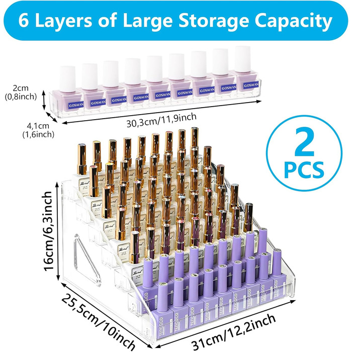 Набір для зберігання лаків для нігтів із 2 предметів, 6-рівневий органайзер для лаків, акрилова полиця для лаків, органайзер для ефірних олій, косметики, губної помади