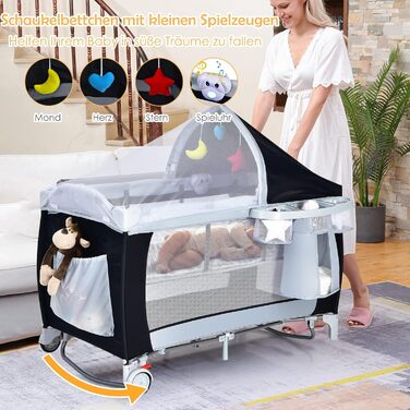 Складане дорожнє ліжечко COSTWAY 4-в-1, дитяча колиска, пеленальний столик та манеж з функцією гойдання, включаючи музичний мобіль, ігрову арку, пеленальний килимок, матрац, органайзер для підгузків та сумку для перенесення (чорний)
