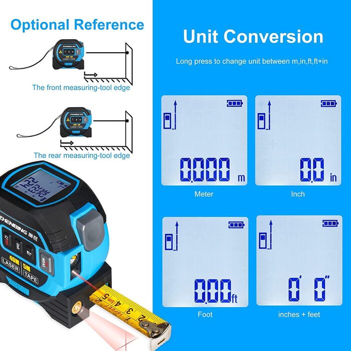 Лазерна рулетка 3-в-1 з великим РК-дисплеєм Цифровий лазерний вимірювальний прилад у футах/футах/м зі шкалою до 131 фута/40 метрів з розрахунками Рулетка 16 футів/5 метрів (у футах/футах/м) та лазерна поперечна лінія (синя)