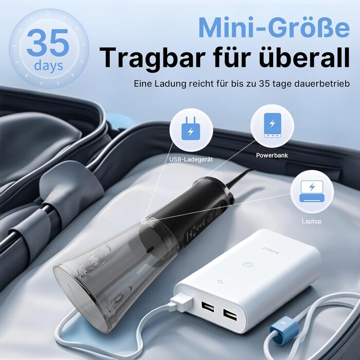 Бездротовий іригатор для порожнини рота, електричний зубний іригатор з 5 режимами, 4 насадками, резервуаром для води 310 мл та водонепроникністю IPX7. Іригатор, визнаний найкращим у тестах для очищення в подорожах, покращує здоров'я зубів. Чорний колір.