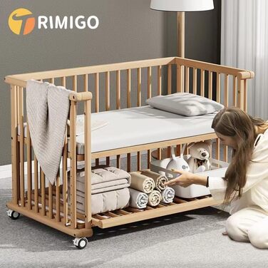 Дитяче ліжко 6-в-1, що трансформується в приліжкове ліжечко, ліжечко, колиска, дитячий стіл, диван-ліжко, нефарбований бук, регулювання висоти у 8 напрямках