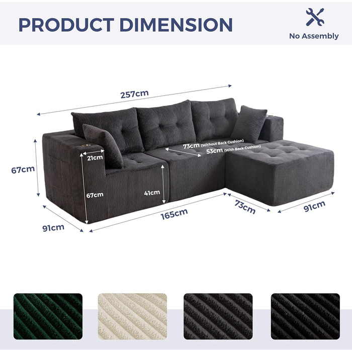Кутовий диван MAXYOYO з вельвету з підсклянником, модульний диван, що трансформується в L-подібний та двоспальний диван, 3-місний диван без кісток для вітальні, не потребує складання, сірий, L-подібний