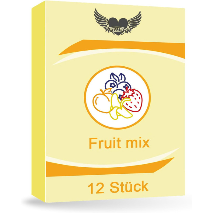 Ароматизовані презервативи полуниця, банан, чорниця, персик, 52 мм - 12 шт. Надзвичайно тонкі, з додаванням мастила. Підходять для анального сексу. У комплекті 1 шматок мастила Lovelyness (упаковка з 12 шт. ).