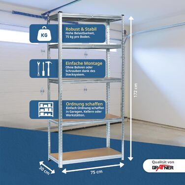 Міцний стелаж Grafner з 5 полицями з МДФ, максимальне навантаження 375 кг, закруглені кути, 75x30x172 см, стелаж без ригелів, полиця для зберігання, полиця для підвалу