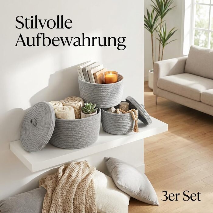 Плетені кошики з кришками, кошики для зберігання у ванній кімнаті, круглий кошик з кришкою, кошик для зберігання з кришкою, плетені кошики для зберігання (сірі)