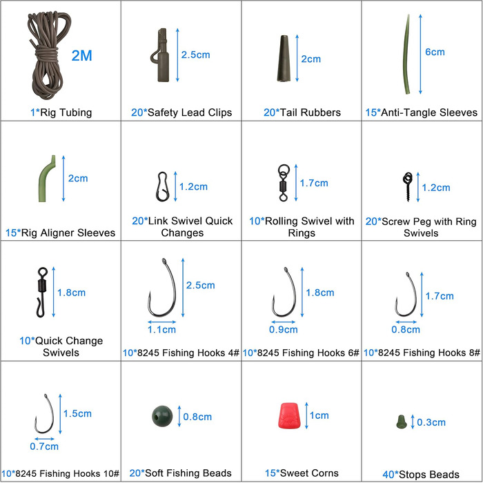 Набір снастей для риболовлі на коропа з 246 предметів, включаючи гачки для риболовлі на коропа, вертлюги для риболовлі на коропа, гільзи проти заплутування, намиста для риболовлі, мозолі, трубки для оснастки для риболовлі на коропа.