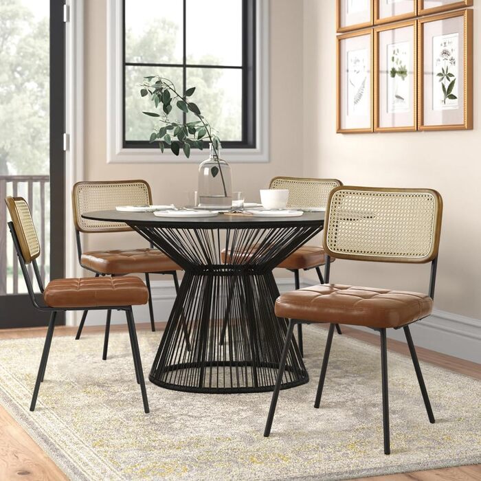 Обідні стільці Zouron з ротанга, комплект з 2 шт. , коричнева штучна шкіра - сучасні обідні стільці середини століття з трубчастими спинками, оббиті штучною шкірою, кухонний стілець з ротанга та тростини без підлокітників з чорними металевими ніжками