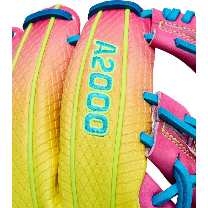 Бейсбольні рукавички Wilson Autumn 2025 A2000 сині/оптично-жовті/рожеві для внутрішнього поля - 11,5 футів для кидка правою рукою