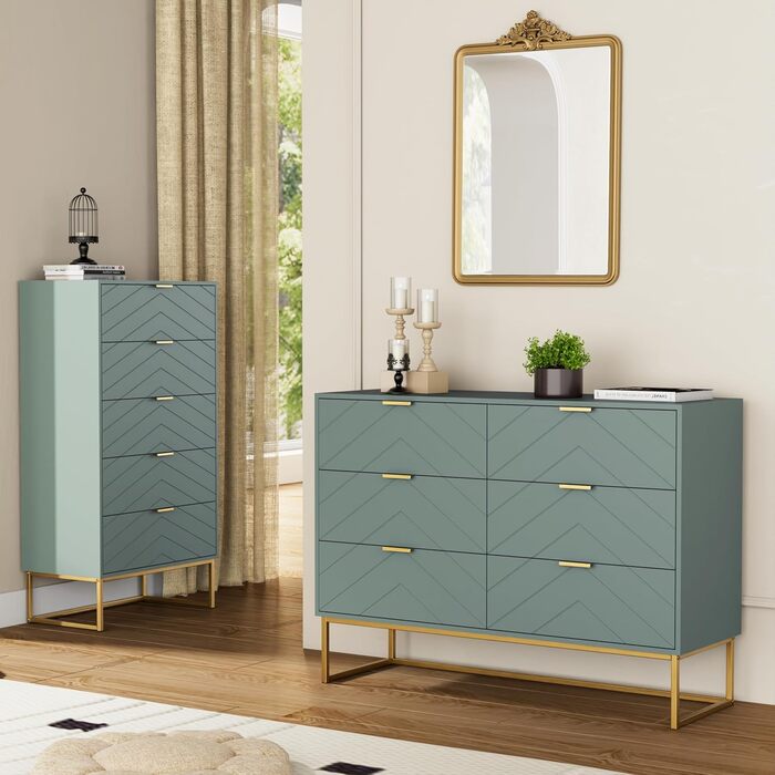 Комод UEV з 6 шухлядами, дерев&39яна шафа з механізмом проти перекидання та металевими ніжками, висока тумба/сервант, вузька комод/бічна шафа для вітальні, спальні, коридору, 100x34x73,5 см, зелений, 34 Г x 100 Ш x 73,5 В см (6 шухляд)