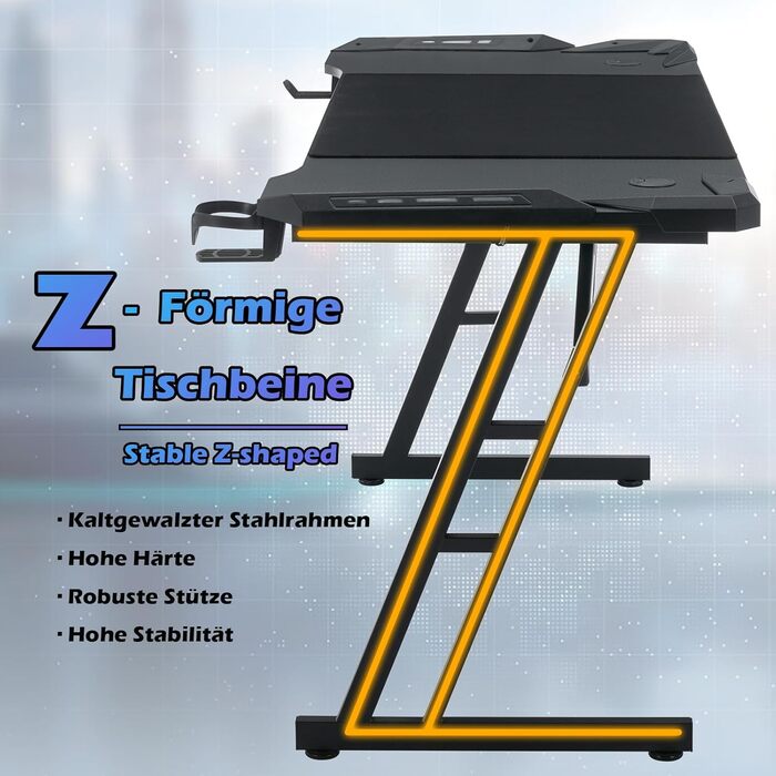 Ігровий стіл зі світлодіодним підсвічуванням 140 x 60 см, ігровий комп&39ютерний стіл з вуглецевого волокна, ігровий офісний стіл з підставкою для чашок та гачком для навушників для захопливого ігрового досвіду, чорний 140x60 см, зі світлодіодним підсвічу