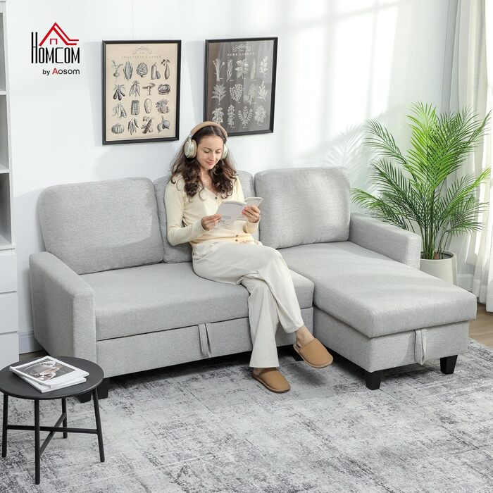 Двосторонній кутовий диван, 3-місний розкладний диван 197 см, Meridian, Коробка для зберігання, Подушки, що праються, Тканина під льон, Сучасний диван для вітальні, офісу, квартири, Світло-сірий